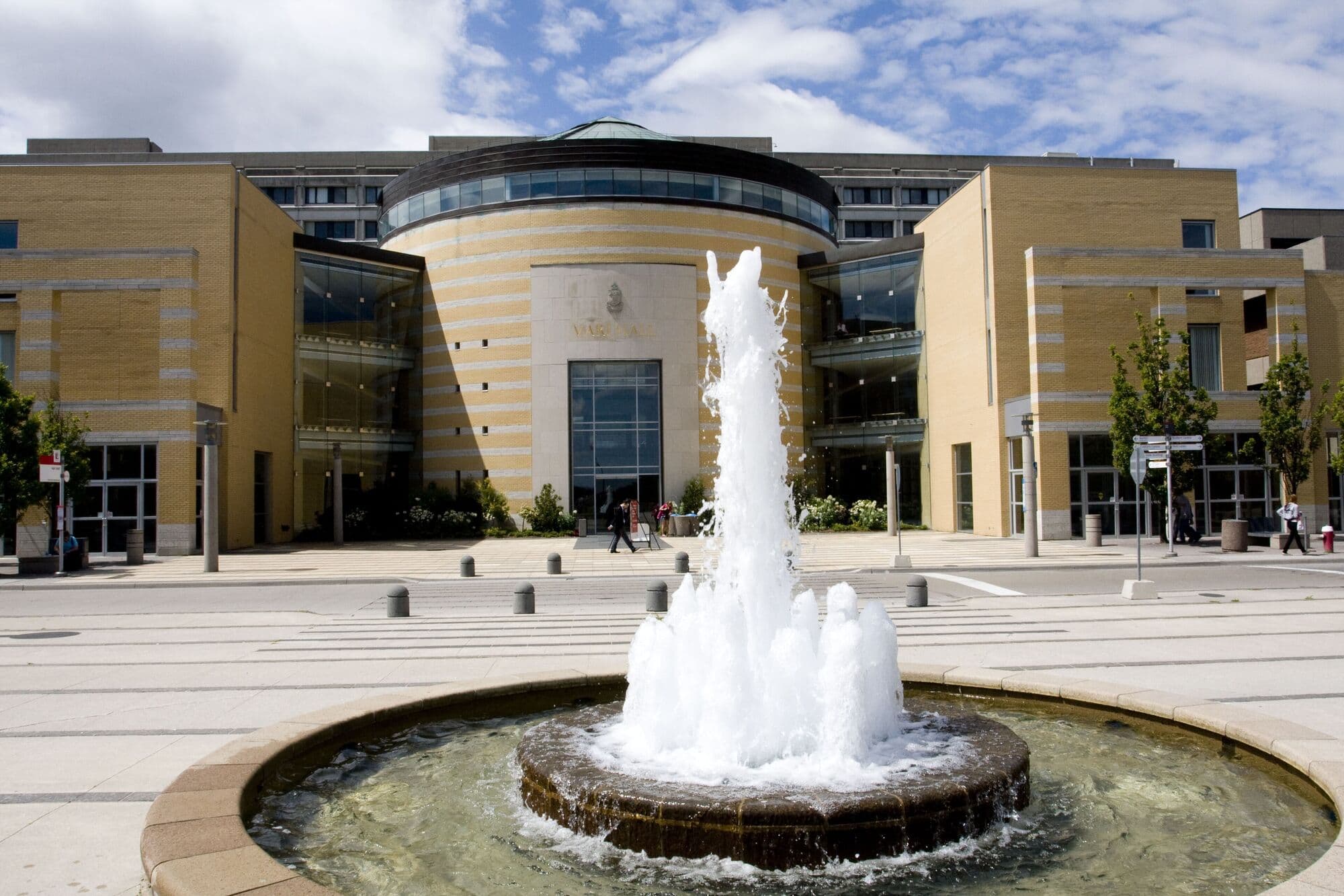 Vari Hall at York University with the fountain in front