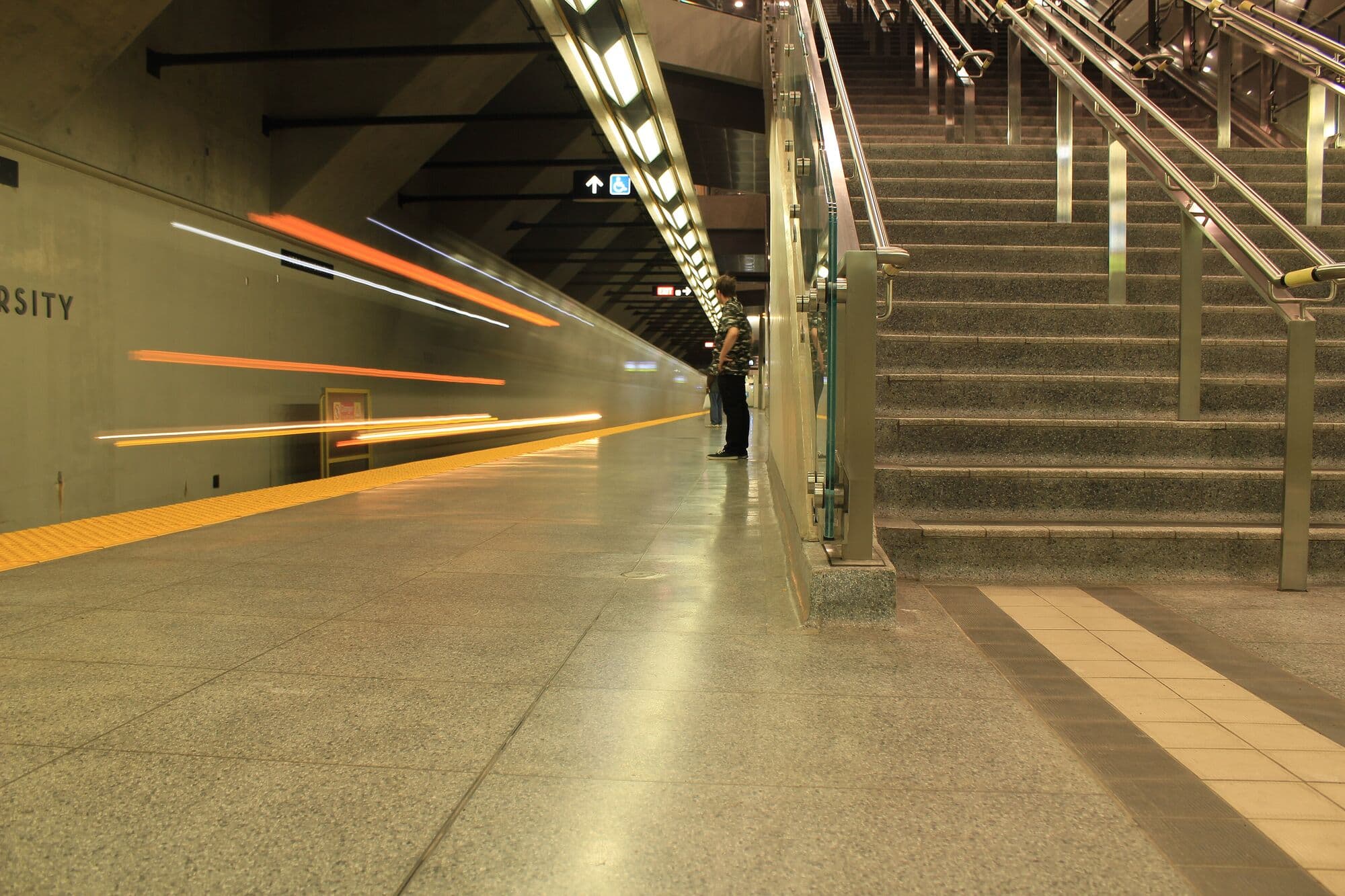 Light trails from a departing train at York University subway station